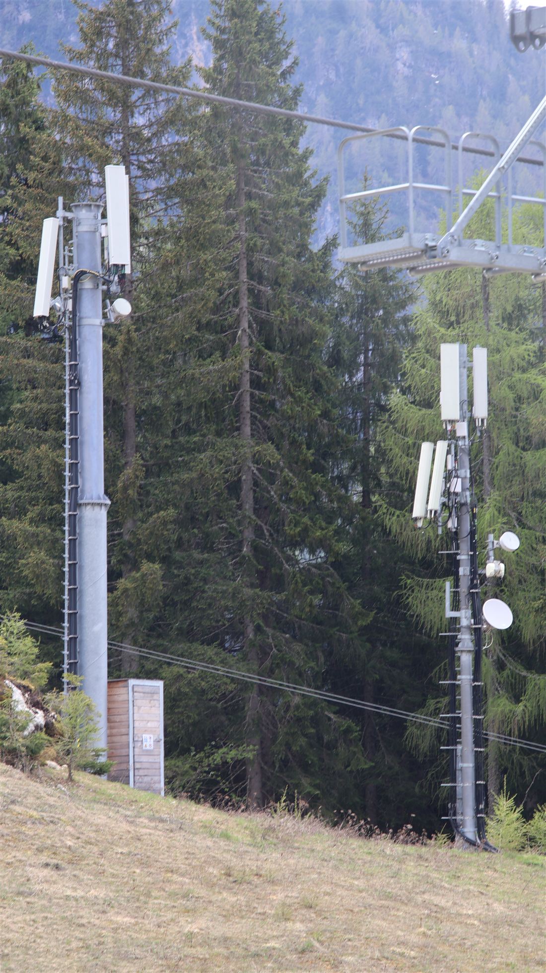 Zwei Sendemasten im Wald in den Dolomiten